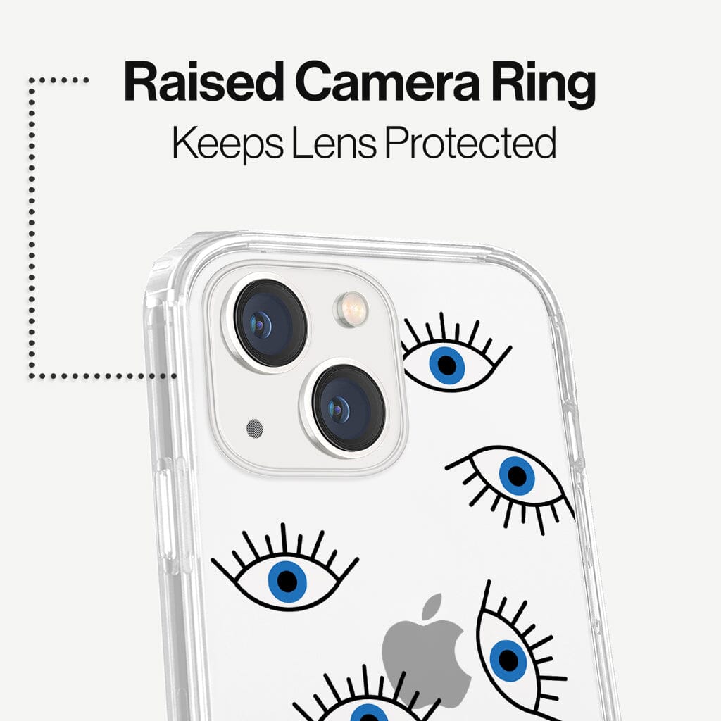 iPhone 14 Plus Blue Evil Eye Design Clear Case Abstract White with MagSafe (Raise Camera Ring that Keeps Lens Protected)