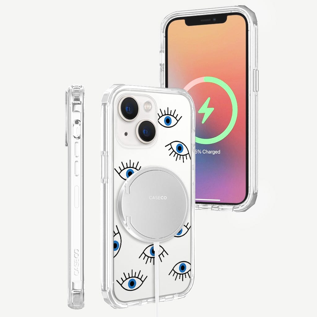 iPhone 14 Plus Blue Evil Eye Design Clear Case Abstract White with MagSafe (Back and Front View)