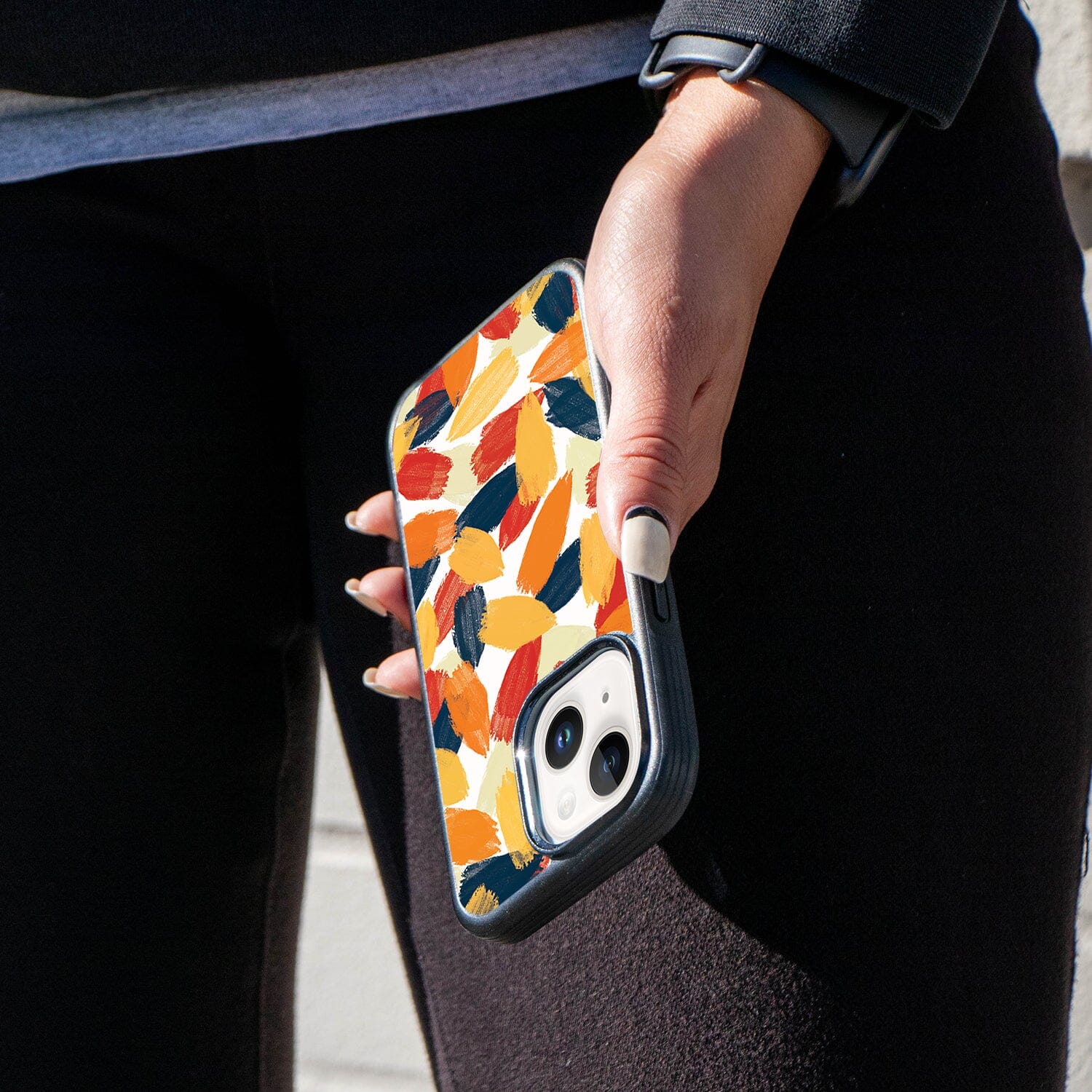 iPhone 14 Plus Brush Stroke Design Fremont Grip Case Abstract Orange with MagSafe (Girl Holding The Phone)