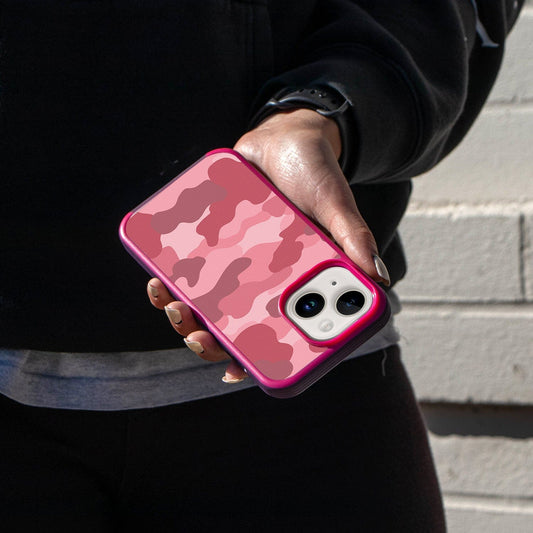 iPhone 14 Plus Pink Camo Design Case - Fremont Grip Lifestyle Shot (Girl in Black holding Her Phone)