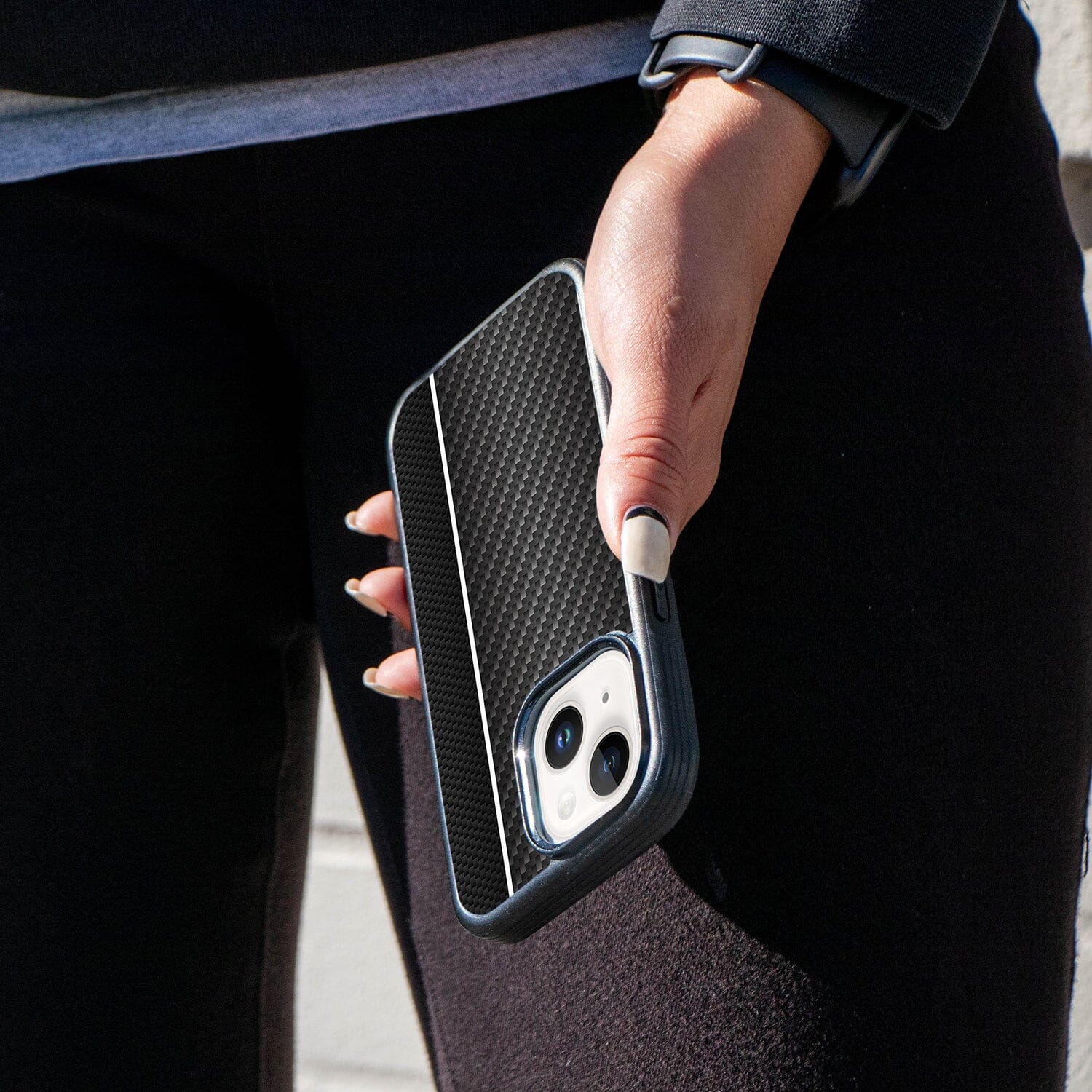 iPhone 14 Plus White Line Design Fremont Grip Case Black Carbon Fiber with MagSafe (On Hand)