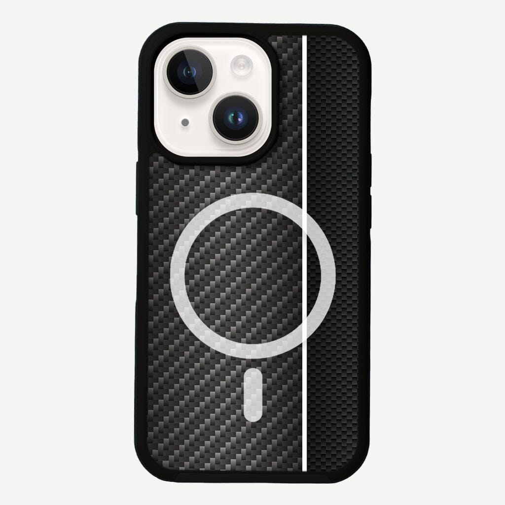 iPhone 14 Plus White Line Design Fremont Grip Case Black Carbon Fiber with MagSafe (Front View)