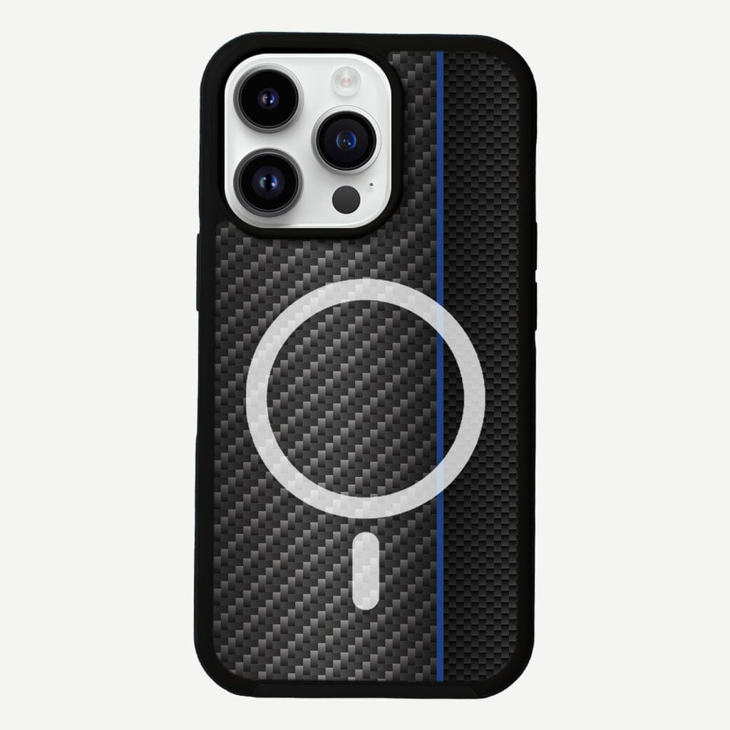 iPhone 14 Pro Max Blue Line Design Fremont Grip Case Black Carbon Fiber with MagSafe (Front View)