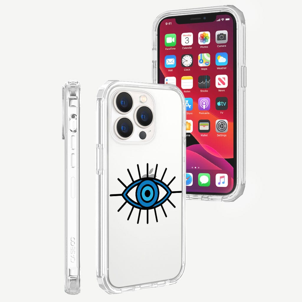 iPhone 14 Pro Max Blue Evil Eye Design Clear Case White Floral with MagSafe (Back and Front View)