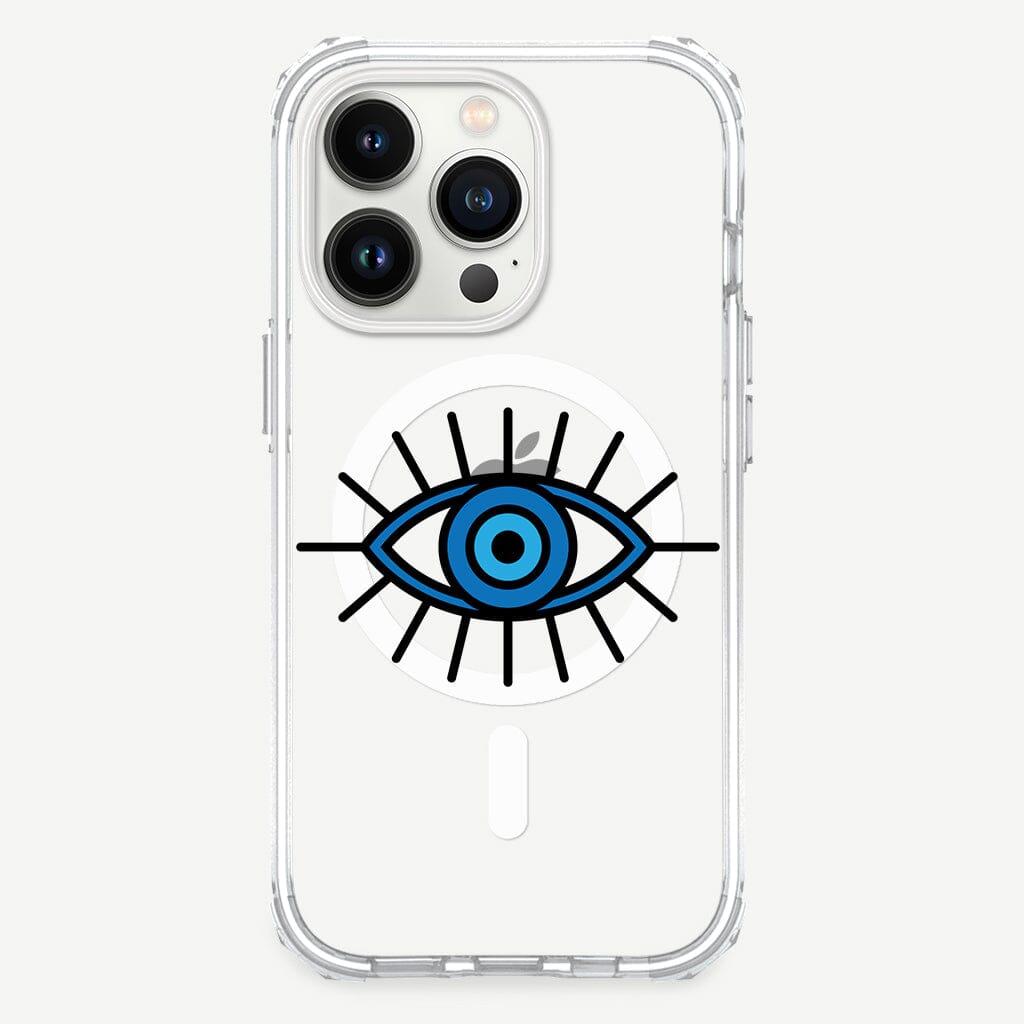 iPhone 14 Pro Max Blue Evil Eye Design Clear Case White Floral with MagSafe (Front View)
