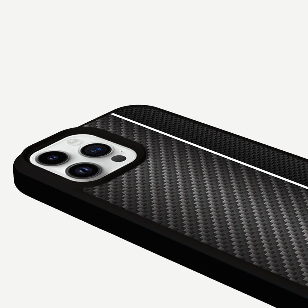 iPhone 14 Pro Max White Line Design Fremont Grip Case Black Carbon Fiber with MagSafe (Camera View)