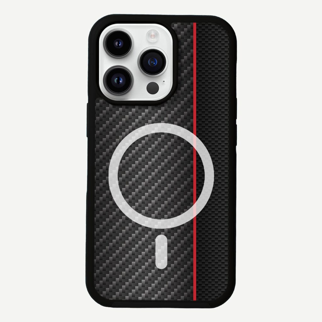 iPhone 14 Pro Red Line Design Fremont Grip Case Black Carbon Fiber with MagSafe (Front View)