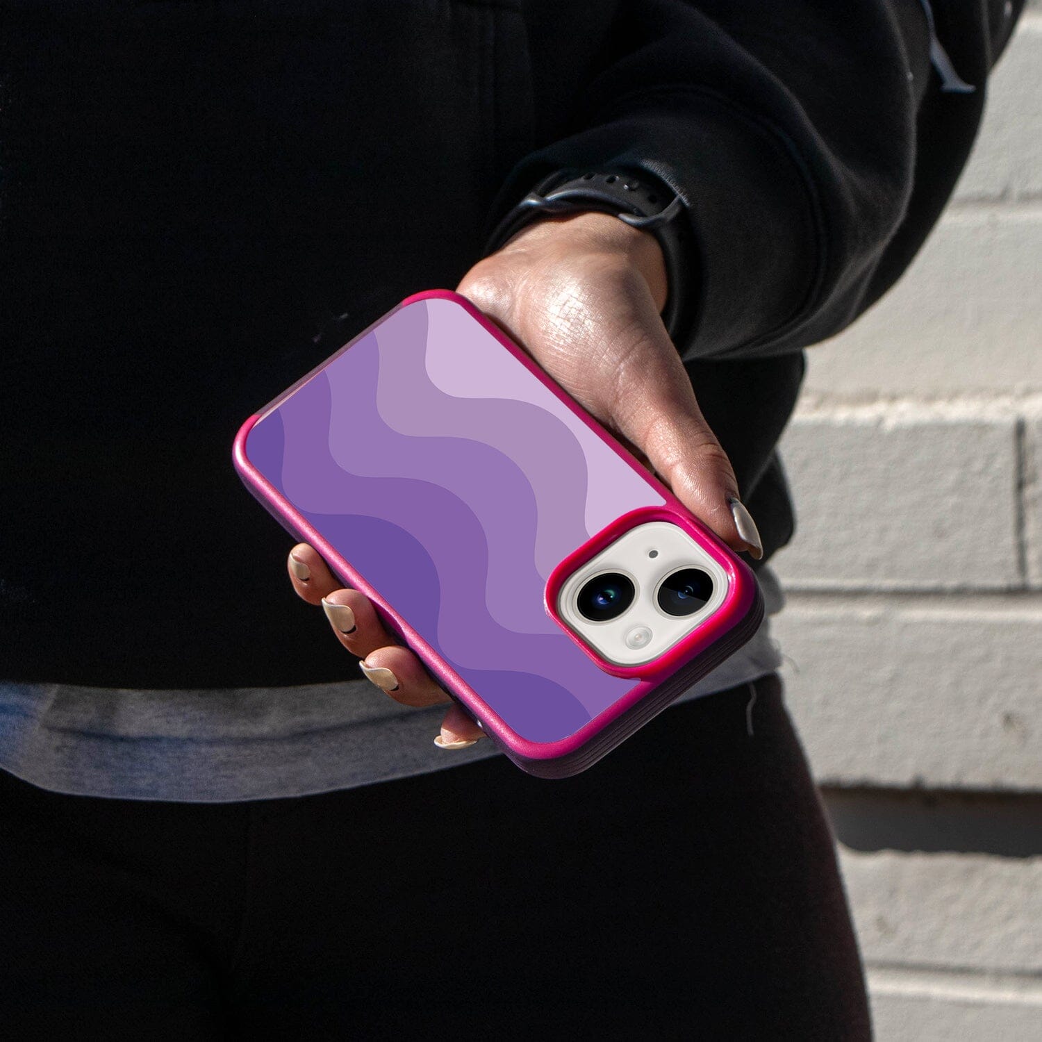 iPhone 14 Lavender Purple Wave Design Case - Fremont Grip (Girl in Black Holding a Phone)