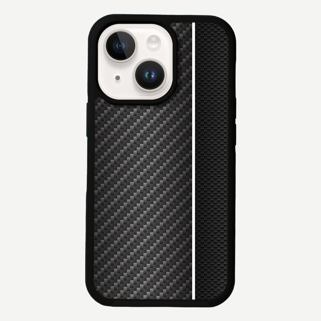 iPhone 14 White Line Design Fremont Grip Case Black Carbon Fiber with MagSafe (Front Design View)