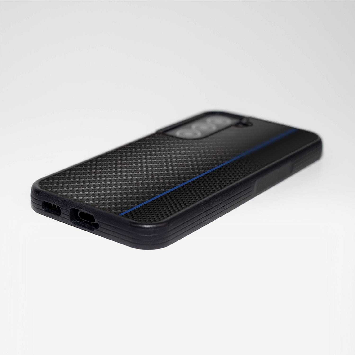 Samsung Galaxy S22 Blue Line Design Fremont Grip Case Black Carbon Fiber (Charging Port View)