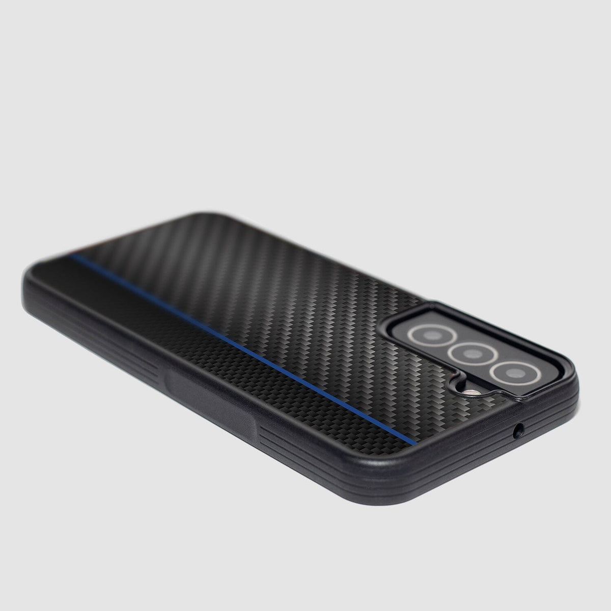 Samsung Galaxy S22 Blue Line Design Fremont Grip Case Black Carbon Fiber (Angled View)