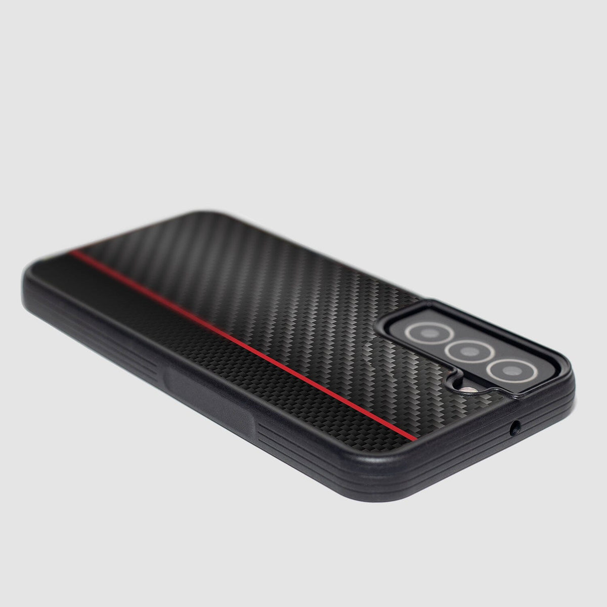 Samsung Galaxy S22 Red Line Design Fremont Grip Case Black Carbon Fiber (Angled View)